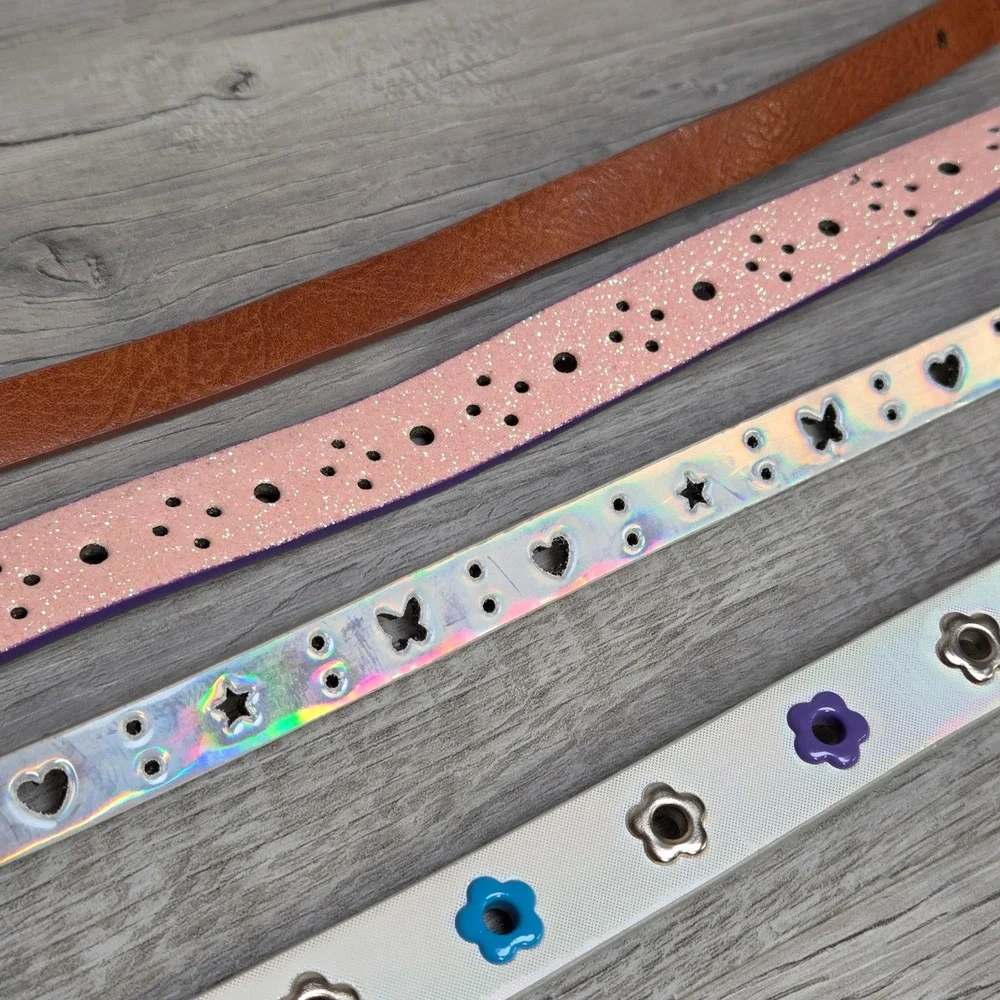 Girls Skinny Belt Set 4pc Multicolor Flower Heart Butterfly Glitter Holographic